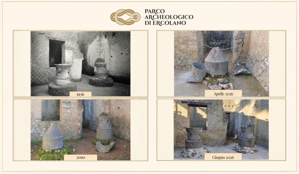 Panificio di Ercolano, restaurate le antiche macine e il forno del Vicolo Meridionale. Torna visibile il pistrinum.