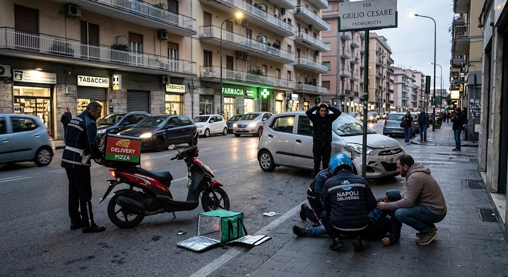 Rider travolto da un’auto nella notte a Fuorigrotta, tra via Cavalleggeri d’Aosta e via Divisione Siena. Si cerca il conducente.
