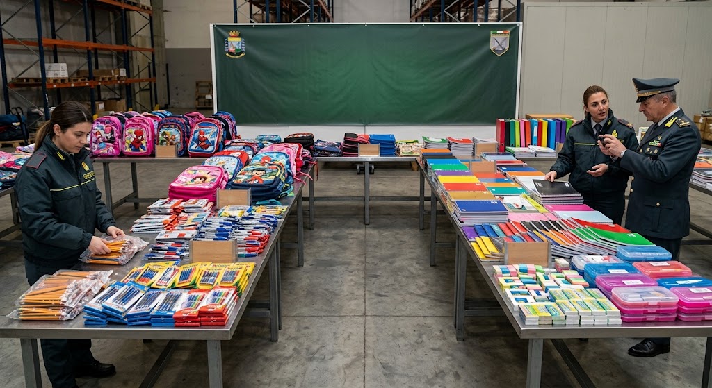 Maxi sequestro nel Napoletano: oltre 1,3 milioni di prodotti per la scuola e articoli casalinghi non conformi. Controlli della Finanza.