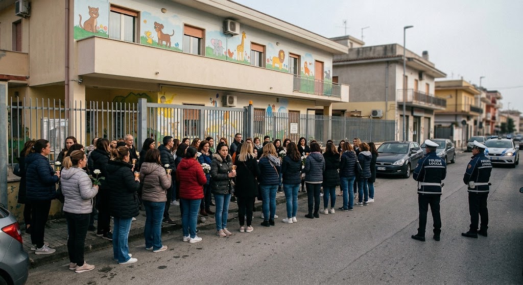 Tensione davanti a un asilo nido di Giugliano: genitori in protesta per presunti maltrattamenti sui bambini. Intervengono i carabinieri.