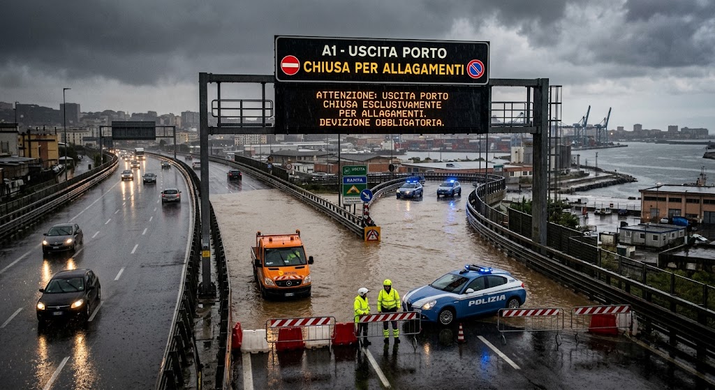 Maltempo a Napoli: chiusa per allagamenti l'uscita Porto dell'A1. Ancora chiusa Licola sulla SS7 Quater, riaperta Circumvallazione Melito.
