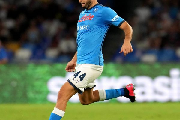 NAPLES, ITALY - AUGUST 22: Kostas Manolas of SSC Napoli in action ,during the Serie A match between SSC Napoli v Venezia FC at Stadio Diego Armando Maradona on August 22, 2021 in Naples, Italy. (MB Media)