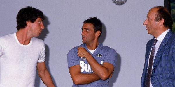 UNSPECIFIED,ITALY: 1987-88 (L-R) Giovanni Francini, Bruno Giordano, Luciano Moggi of SSC Napoli.  (Photo by Alessandro Sabattini/Getty Images)