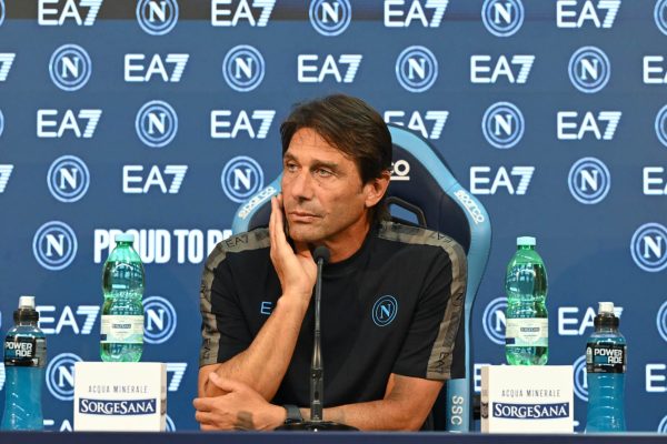 NAPLES, ITALY - AUGUST 29: SSC Napoli Head Coach Antonio Conte attends the press conference ahead of the Serie A Match Between SSC Napoli and Parma on August 31st, 2024 in Naples, Italy. (Photo by SSC NAPOLI/SSC NAPOLI via Getty Images)