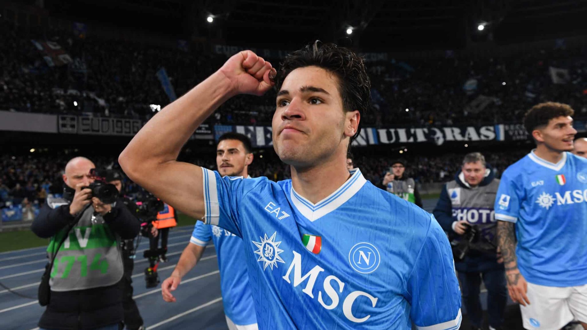 NAPLES, ITALY - JANUARY 31: Antonio Vergara of SSC Napoli celebrates after scoring the opening goal during the Serie A match between SSC Napoli and ACF Fiorentina at Stadio Diego Armando Maradona on January 31, 2026 in Naples, Italy. (Photo by SSC NAPOLI/SSC NAPOLI via Getty Images)
