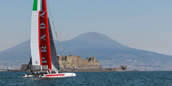 NAPOLI, ITALY - 2013/04/18: Boat of the Prada team Luna Rossa, competing for the America's cup, in the Gulf of Naples. (Photo by Marco Cantile/LightRocket via Getty Images)