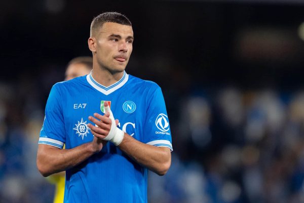 Alessandro Buongiorno of SSC Napoli greets the fans during the serie Serie A Enilive match between SSC Napoli and Bologna FC at Stadio Diego Armando Maradona on May 11, 2026 in Naples, Italy  (Photo by Giuseppe Maffia/NurPhoto via Getty Images)