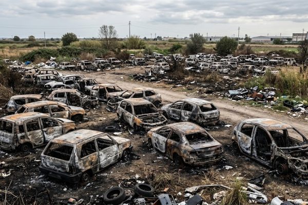 Scoperto a Castel Volturno un cimitero di auto rubate: vetture smontate e incendiate in una discarica abusiva di mille metri quadrati.