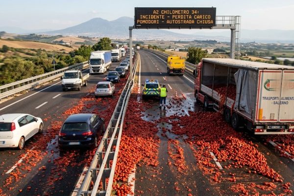 Camion perde il carico di pomodori sulla A2 al km 39 in direzione sud: asfalto ricoperto di rosso, nessun ferito e disagi al traffico.