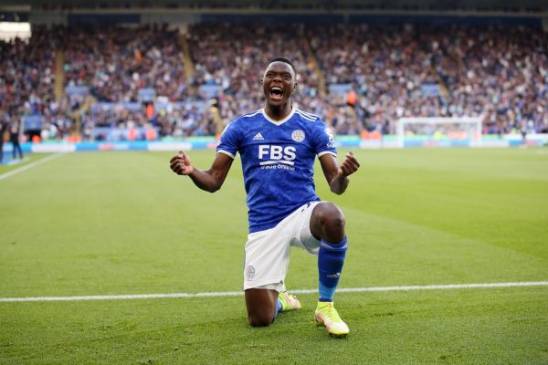 LEICESTER, ENGLAND - OCTOBER 16: Patson Daka of Leicester City celebrates after scoring to make it 4-2 during the Premier League match between Leicester City and Manchester United at King Power Stadium on October 16, 2021 in Leicester, England. (Photo by Plumb Images/Leicester City FC via Getty Images)