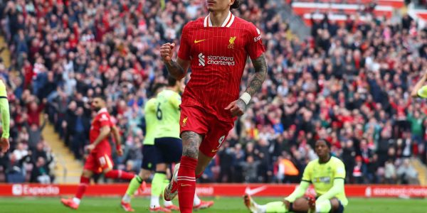 LIVERPOOL, ENGLAND - MARCH 08: Darwin Nunez of Liverpool celebrates scoring his side's first goal during the Premier League match between Liverpool FC and Southampton FC at Anfield on March 08, 2025 in Liverpool, England. (Photo by Chris Brunskill/Fantasista/Getty Images)