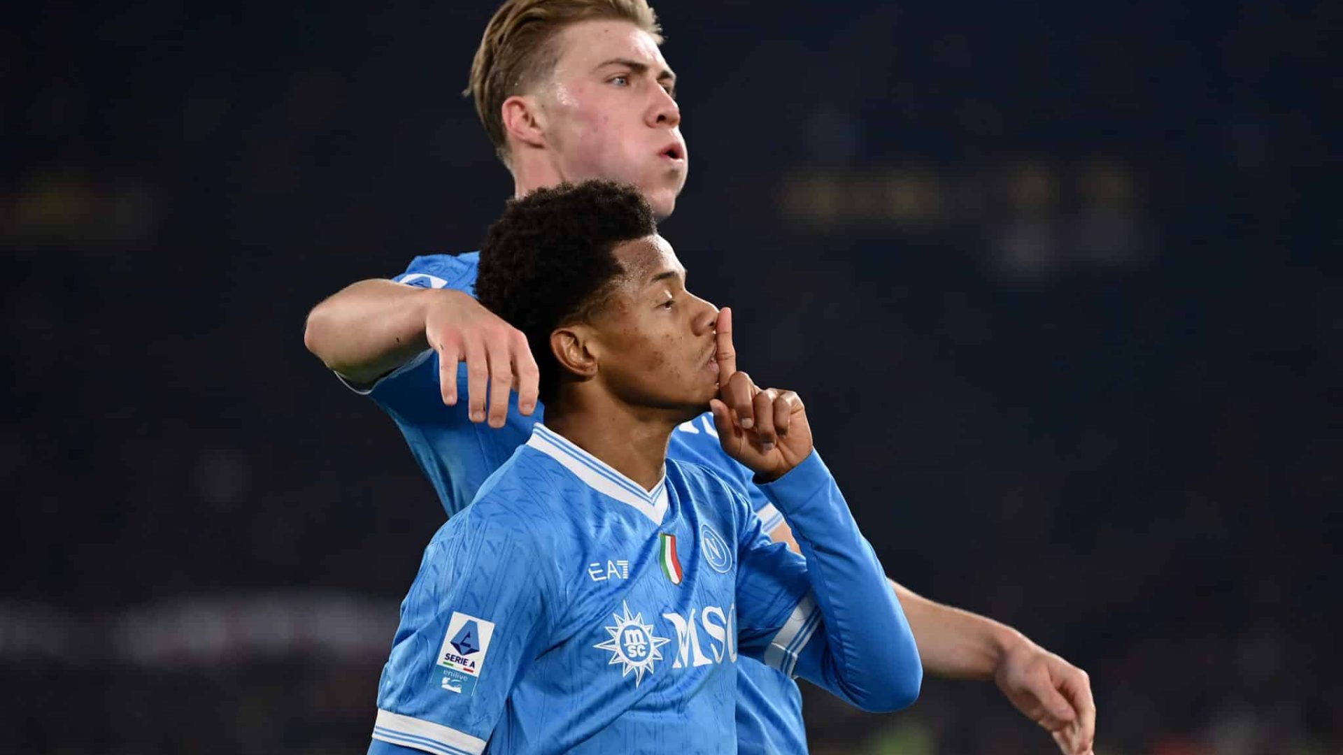ROME, ITALY - NOVEMBER 30: David Neres of Napoli celebrates his goal during the Serie A match between AS Roma and SSC Napoli at Stadio Olimpico on November 30, 2025 in Rome, Italy. (Photo by Image Photo Agency/Getty Images)