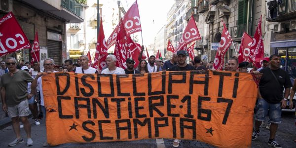 NAPLES, ITALY - SEPTEMBER 13: Unemployed, workers and students protest against the Italian capitalist system and demand the right to work, dignity and salary during a national demonstration in Naples, Italy on September 13, 2025. (Photo by Iso Ekle/Anadolu via Getty Images)