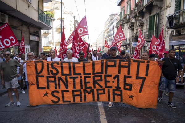 NAPLES, ITALY - SEPTEMBER 13: Unemployed, workers and students protest against the Italian capitalist system and demand the right to work, dignity and salary during a national demonstration in Naples, Italy on September 13, 2025. (Photo by Iso Ekle/Anadolu via Getty Images)