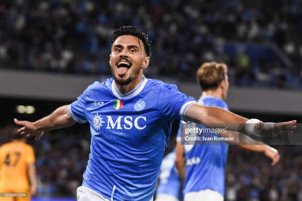 NAPLES, ITALY - SEPTEMBER 22: Eljif Elmas of SSC Napoli celebrates the goal which was later disallowed by the referee during the Serie A match between SSC Napoli and Pisa SC at Stadio Diego Armando Maradona on September 22, 2025 in Naples, Italy. (Photo by Ivan Romano/Getty Images)