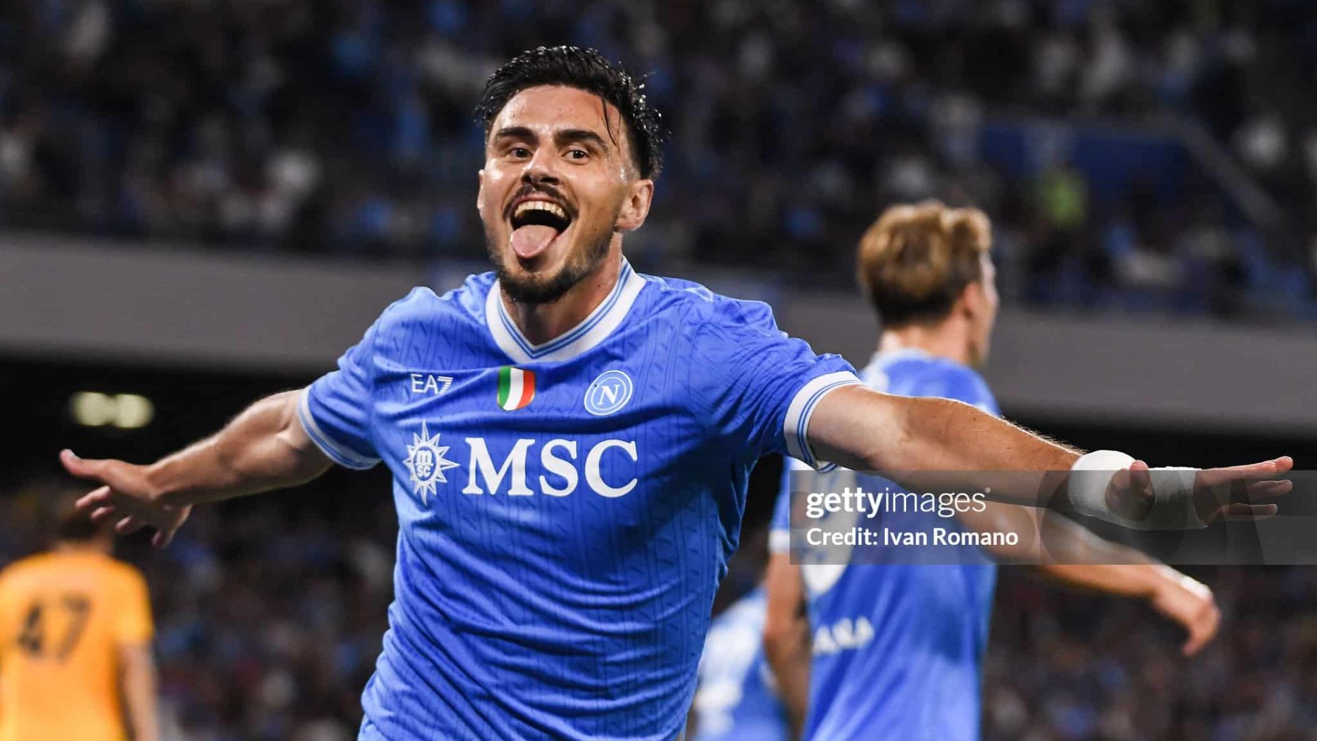 NAPLES, ITALY - SEPTEMBER 22: Eljif Elmas of SSC Napoli celebrates the goal which was later disallowed by the referee during the Serie A match between SSC Napoli and Pisa SC at Stadio Diego Armando Maradona on September 22, 2025 in Naples, Italy. (Photo by Ivan Romano/Getty Images)