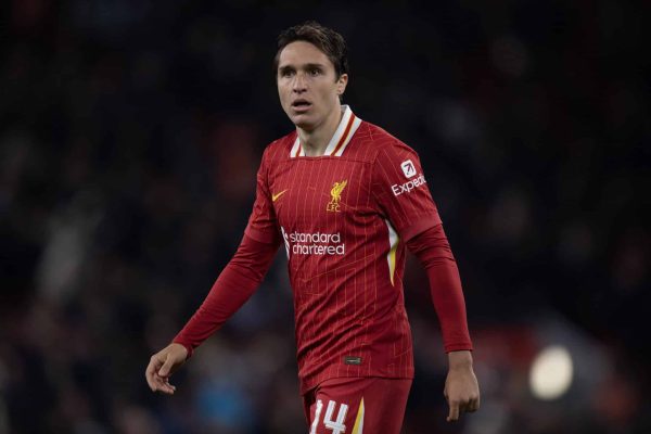 LIVERPOOL, ENGLAND - SEPTEMBER 25: Federico Chiesa of Liverpool during the Carabao Cup Third Round match between Liverpool and West Ham United at Anfield on September 25, 2024 in Liverpool, England. (Photo by Visionhaus/Getty Images)