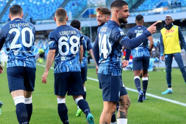NAPLES, ITALY - JANUARY 23: Lorenzo Insigne of SSC Napoli celebrates with his team mates after scoring his penalty Goal ,during the Serie A match between SSC Napoli and US Salernitana at Stadio Diego Armando Maradona on January 23, 2022 in Naples, Italy. (Photo by MB Media/Getty Images)