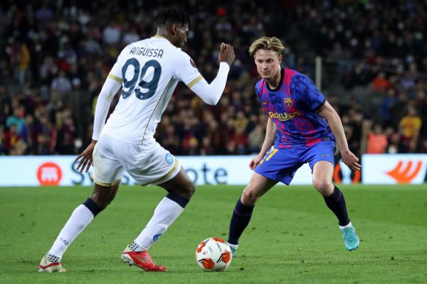 Andre Zambo Anguissa and Frenkie de Jong during the match between FC Barcelona and SSC Napoli, corresponding to the first leg of the knock-out play-off, played at the Camp Nou Stadium, in Barcelona, on 17th February 2022. (Photo by Joan Valls/Urbanandsport /NurPhoto via Getty Images)