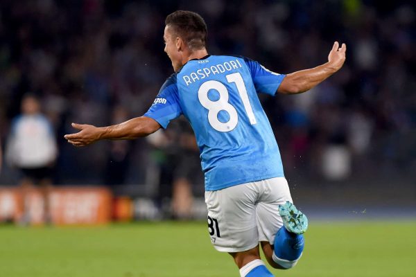 Giacomo Raspadori of SSC Napoli celebrates after scoring during the UEFA Champions League match between SSC Napoli and AFC Ajax at Stadio Diego Armando Maradona Naples Italy on 12 October 2022. (Photo by Franco Romano/NurPhoto via Getty Images)
