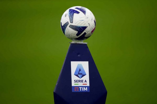 STADIO GIUSEPPE MEAZZA, MILAN, ITALY - 2022/10/22: The official Serie A match ball Puma Orbita is seen on a plinth prior to the Serie A football match between AC Milan and AC Monza. AC Milan won 4-1 over AC Monza. (Photo by Nicolò Campo/LightRocket via Getty Images)