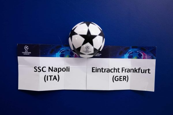 NYON, SWITZERLAND - NOVEMBER 7:  A detailed view of the cards of SSC Napoli and Eintracht Frankfurt, the UEFA Champions League Round of 16 match, during the UEFA Champions League 2022/23 Round of 16 draw at the UEFA Headquarters, The House of the European Football, on November 7, 2022, in Nyon, Switzerland. (Photo by Kristian Skeie  UEFA/UEFA via Getty Images)