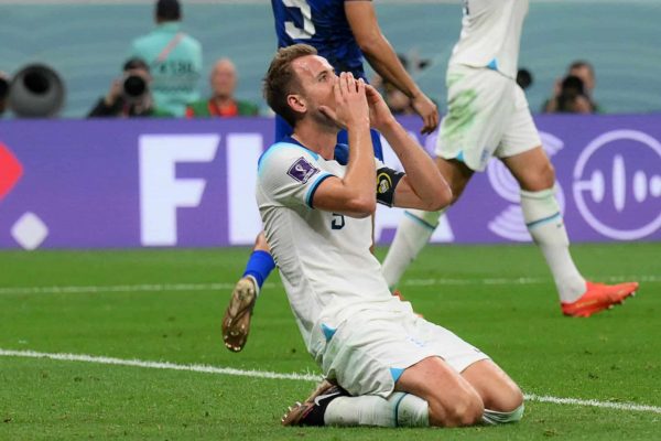England's forward #09 Harry Kane reacts after missing a chance during the Qatar 2022 World Cup Group B football match between England and USA at the Al-Bayt Stadium in Al Khor, north of Doha on November 25, 2022. (Photo by Paul ELLIS / AFP) (Photo by PAUL ELLIS/AFP via Getty Images)