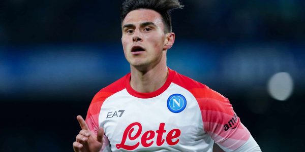 Eljif Elmas of SSC Napoli celebrates after scoring third goal during the Serie A match between SSC Napoli and US Cremonese at Stadio Diego Armando Maradona, Naples, Italy on 12 February 2023.  (Photo by Giuseppe Maffia/NurPhoto via Getty Images)