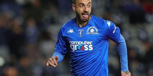 EMPOLI, ITALY - APRIL 03: Francesco Caputo of Empoli FC celebrates after scoring a goal during the Serie A match between Empoli FC and US Lecce at Stadio Carlo Castellani on April 3, 2023 in Empoli, Italy.  (Photo by Gabriele Maltinti/Getty Images)