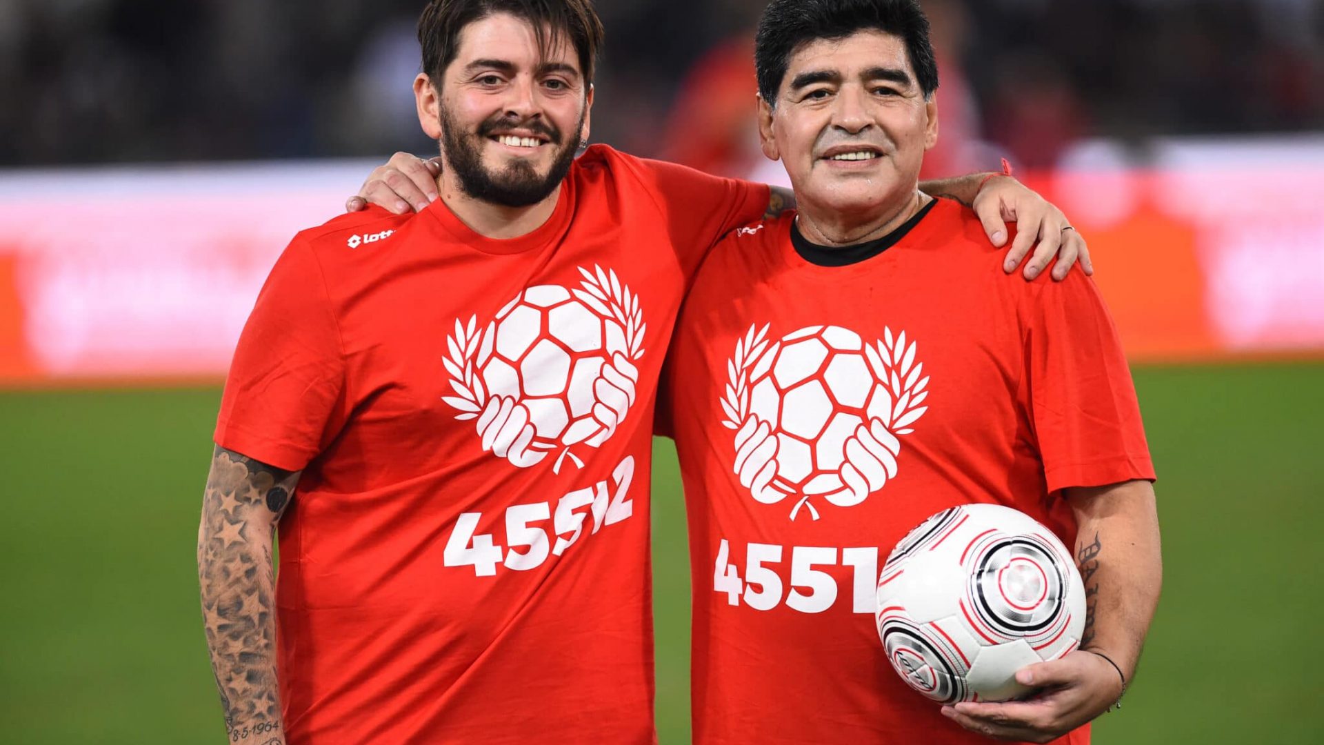 Argentine footballer Diego Armando Maradona and son Diego jr during the peace match at the Olympic stadium. Rome (Italy), October 12th, 2016 (Photo by Massimo Insabato/Archivio Massimo Insabato/Mondadori Portfolio via Getty Images)