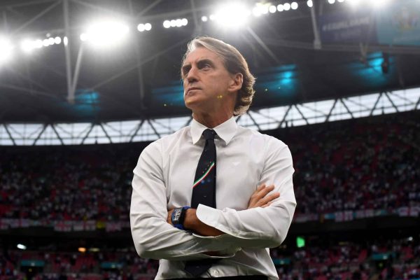 LONDON, ENGLAND - JULY 11: Roberto Mancini, Head Coach of Italy looks on prior to the UEFA Euro 2020 Championship Final between Italy and England at Wembley Stadium on July 11, 2021 in London, England. (Photo by Claudio Villa/Getty Images)
