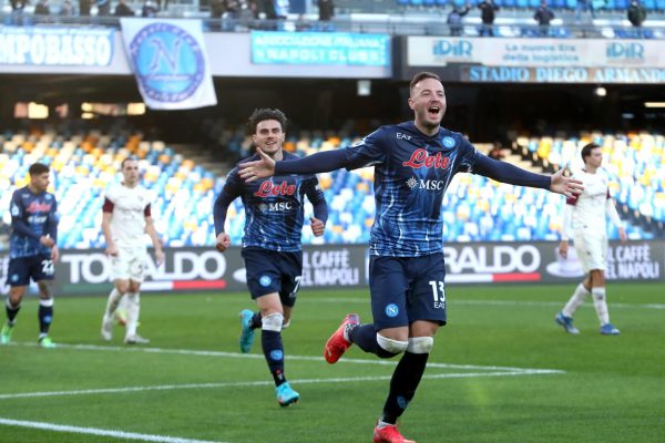 NAPLES, ITALY - JANUARY 23: Amir Rrahmani of SSC Napoli celebrates with his team mates Eljif Elmas after scoring his Goal  during the Serie A match between SSC Napoli and US Salernitana at Stadio Diego Armando Maradona on January 23, 2022 in Naples, Italy. (Photo by MB Media/Getty Images)