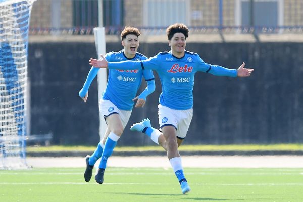 NAPLES, ITALY - MARCH 06: Antonio Vergara of SSC Napoli U19 celebrates after scoring the 1-0 goal during the Primavera 1 match between SSC Napoli U19 and AC Milan U19 on March 06, 2022 in Naples, Italy. (Photo by AC Milan/AC Milan via Getty Images)