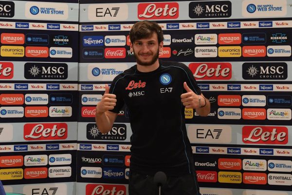 DIMARO, ITALY - JULY 15:  Khvicha Kvaratskhelia speaks at a press conference of Napoli on July 15, 2022 in Dimaro, Italy. (Photo by SSC NAPOLI/SSC NAPOLI via Getty Images)