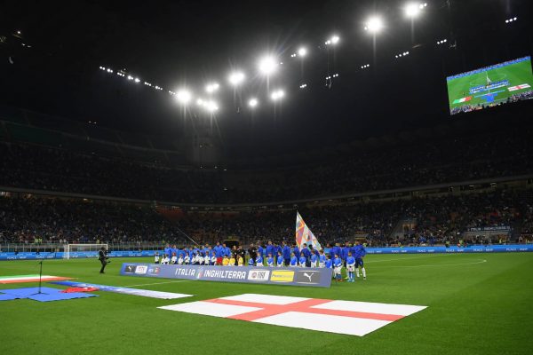 MILAN, ITALY - SEPTEMBER 23: A general view of the team line ups before the UEFA Nations League League A Group 3 match between Italy and England at San Siro on September 23, 2022 in Milan, Italy. (Photo by Michael Regan/Getty Images)