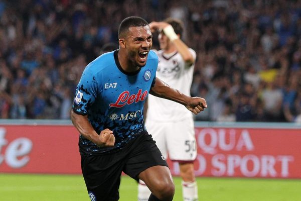 NAPLES, ITALY - OCTOBER 16: Juan Jesus of SSC Napoli celebrates after scoring the 1-1 goal during the Serie A match between SSC Napoli and Bologna FC at Stadio Diego Armando Maradona on October 16, 2022 in Naples, Italy. (Photo by Francesco Pecoraro/Getty Images)