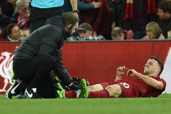 LIVERPOOL, ENGLAND - OCTOBER 16:  ( THE SUN OUT ,THE SUN ON SUNDAY OUT )  Diogo Jota of Liverpool goess with a injury  during the Premier League match between Liverpool FC and Manchester City at Anfield on October 16, 2022 in Liverpool, England. (Photo by John Powell/Liverpool FC via Getty Images)