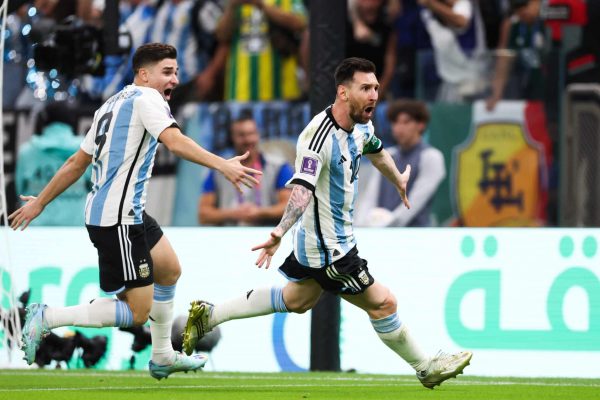 LUSAIL CITY, QATAR - NOVEMBER 26: Lionel Messi #10 of Argentina celebrates after scoring a goal during the FIFA World Cup Qatar 2022 Group C match between Argentina and Mexico at Lusail Stadium on November 26, 2022 in Lusail City, Qatar. (Photo by VCG/VCG via Getty Images)