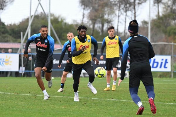 NAPLES, ITALY - MARCH 09: Zambo Anguissa of Napoli in action during a training session on March 09, 2023 in Naples, Italy. (Photo by SSC NAPOLI/SSC NAPOLI via Getty Images)