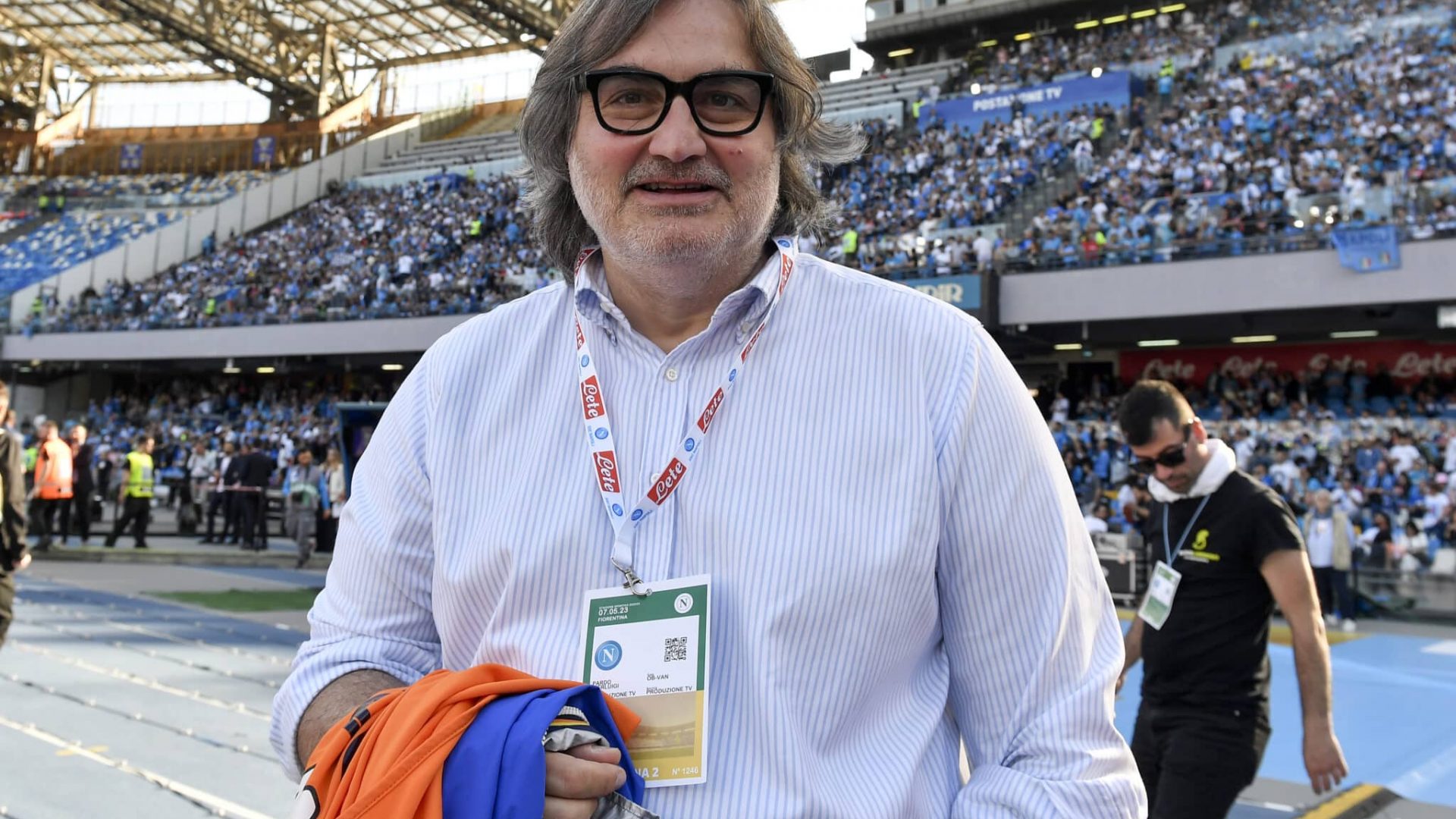 Journalist Pierluigi Pardo looks on during the Serie A football match between SSC Napoli and ACF Fiorentina at Diego Armando Maradona stadium. Naples (Italy), May 7th, 2023. (Photo by Elianto/Mondadori Portfolio via Getty Images)