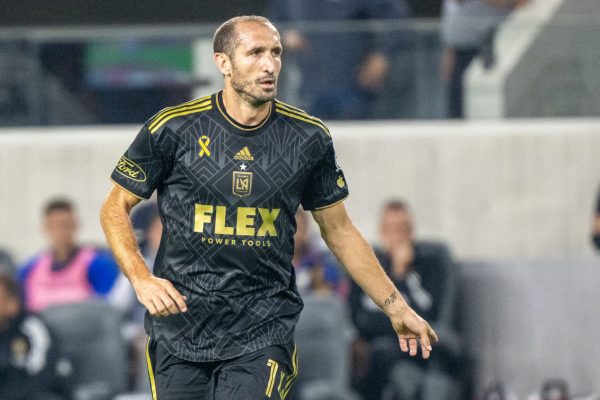 LOS ANGELES, CA - SEPTEMBER 16: Giorgio Chiellini #14 of Los Angeles FC looks on during the game against Los Angeles Galaxy at BMO Stadium on September 16, 2023 in Los Angeles, California. Los Angeles FC won 4-2. (Photo by Shaun Clark/Getty Images)
