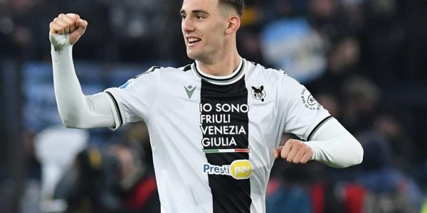 The Udinese player Lorenzo Lucca celebrating after score his goal during the match Lazio-Udinese at the Stadio Olimpico. Rome (Italy), March 11st, 2024 (Photo by Massimo Insabato/Archivio Massimo Insabato/Mondadori Portfolio via Getty Images)
