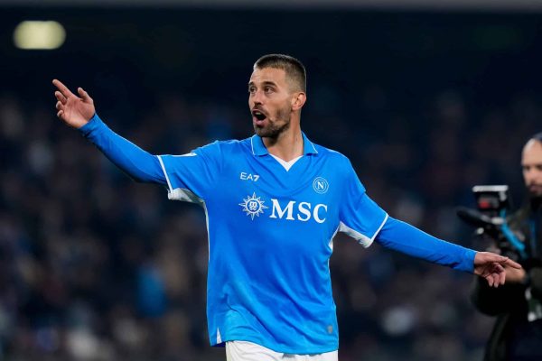 Leonardo Spinazzola of SSC Napoli celebrates the victory at the end of the serie Serie A Enilive match between SSC Napoli and Juventus FC at Stadio Diego Armando Maradona on January 25, 2024 in Naples, Italy  (Photo by Giuseppe Maffia/NurPhoto via Getty Images)