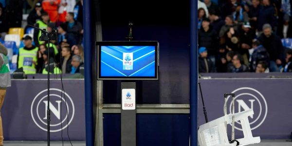 A Serie A VAR monitor is present ahead of the Serie A soccer match between SSC Napoli and FC Internazionale at the Diego Armando Stadium in Naples, Italy, on March 1, 2025. (Photo by Domenic Aquilina/NurPhoto via Getty Images)