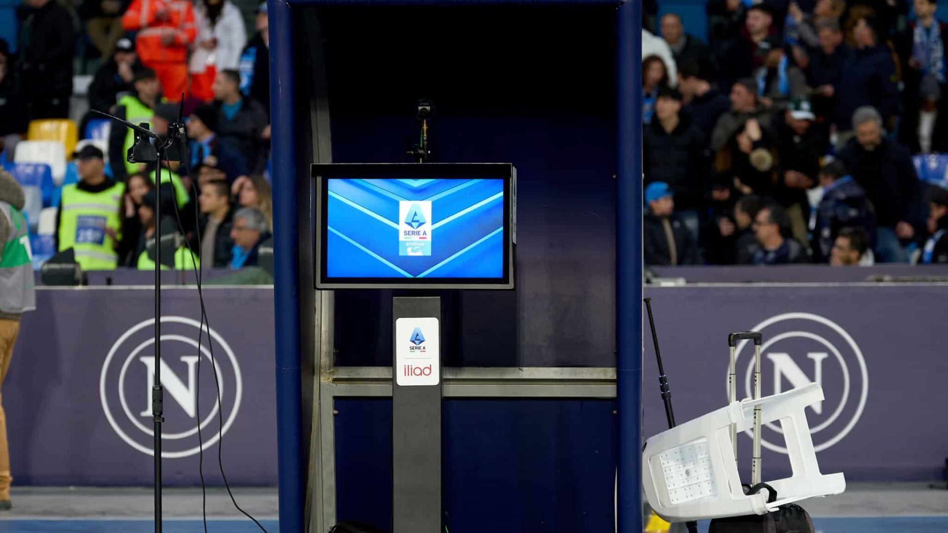 A Serie A VAR monitor is present ahead of the Serie A soccer match between SSC Napoli and FC Internazionale at the Diego Armando Stadium in Naples, Italy, on March 1, 2025. (Photo by Domenic Aquilina/NurPhoto via Getty Images)