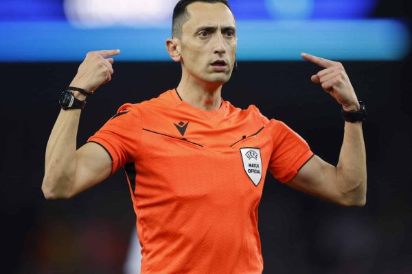 BIRMINGHAM, ENGLAND - APRIL 15: Referee, José María Sánchez Martínez in action during the UEFA Champions League 2024/25 Quarter Final Second Leg match between Aston Villa FC and Paris Saint-Germain at Villa Park on April 15, 2025 in Birmingham, England. (Photo by Nigel French/Sportsphoto/Allstar via Getty Images)