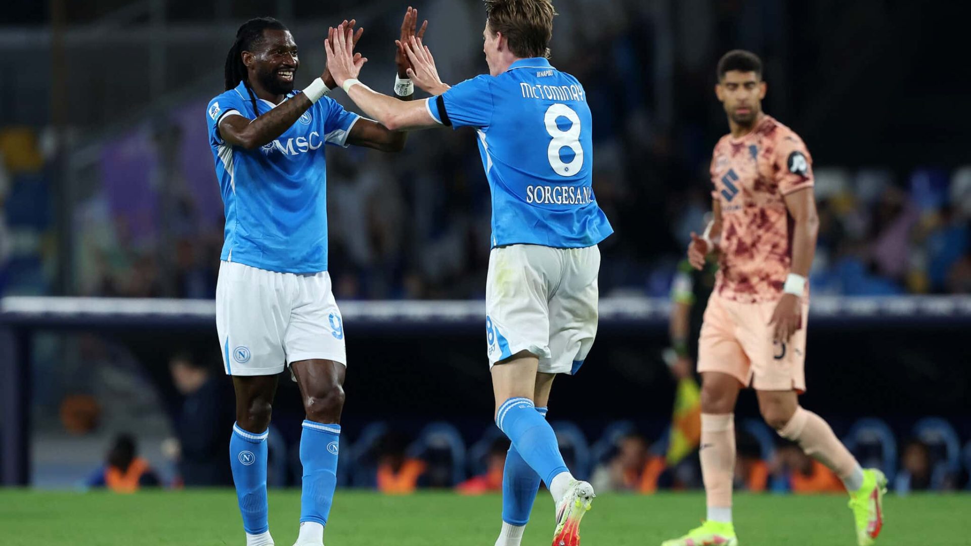NAPLES, ITALY - APRIL 27: Scott McTominay of Napoli celebrates with Frank Anguissa after scoring his side second goal during the Serie A match between Napoli and Torino at Stadio Diego Armando Maradona on April 27, 2025 in Naples, Italy. (Photo by Francesco Pecoraro/Getty Images)