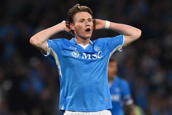 NAPLES, ITALY - MAY 11: Scott McTominay of Napoli disappointment during the Serie A match between Napoli and Genoa at Stadio Diego Armando Maradona on May 11, 2025 in Naples, Italy. (Photo by Image Photo Agency/Getty Images)