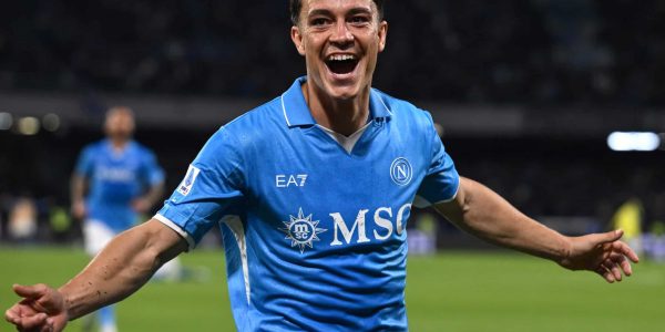 NAPLES, ITALY - MAY 11: Giacomo Raspadori of Napoli celebrates his goal during the Serie A match between Napoli and Genoa at Stadio Diego Armando Maradona on May 11, 2025 in Naples, Italy. (Photo by Image Photo Agency/Getty Images)