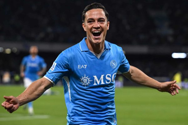 NAPLES, ITALY - MAY 11: Giacomo Raspadori of Napoli celebrates his goal during the Serie A match between Napoli and Genoa at Stadio Diego Armando Maradona on May 11, 2025 in Naples, Italy. (Photo by Image Photo Agency/Getty Images)